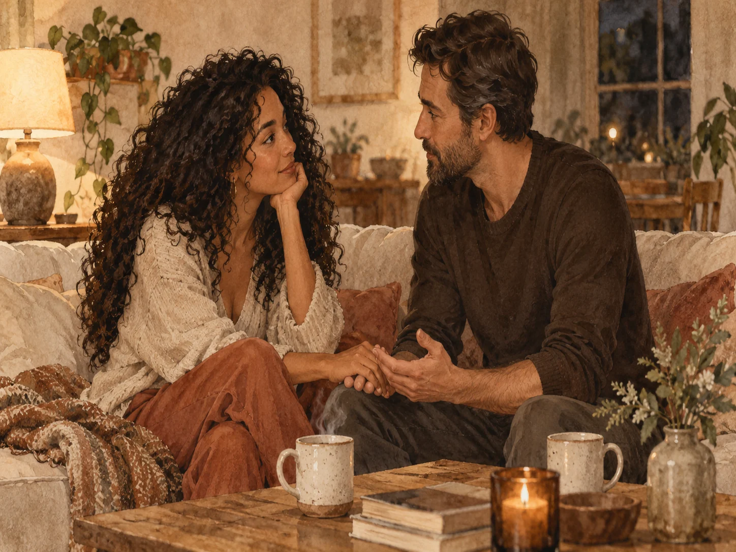 A couple reconnecting calmly on a sofa after conflict, holding hands over coffee