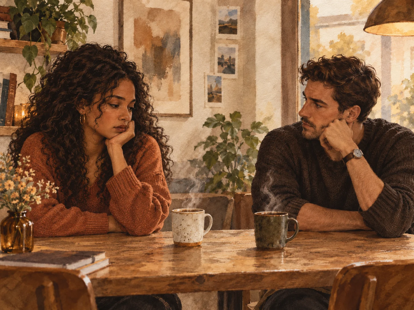 A couple sitting in quiet tension after a disagreement with two steaming coffee mugs between them