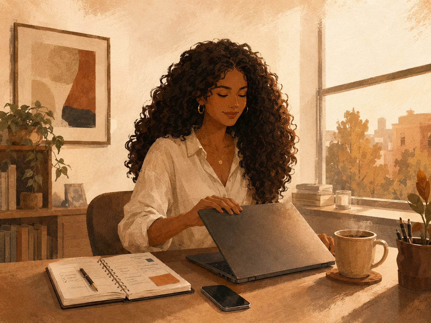 Coffee beside a laptop in warm natural light
