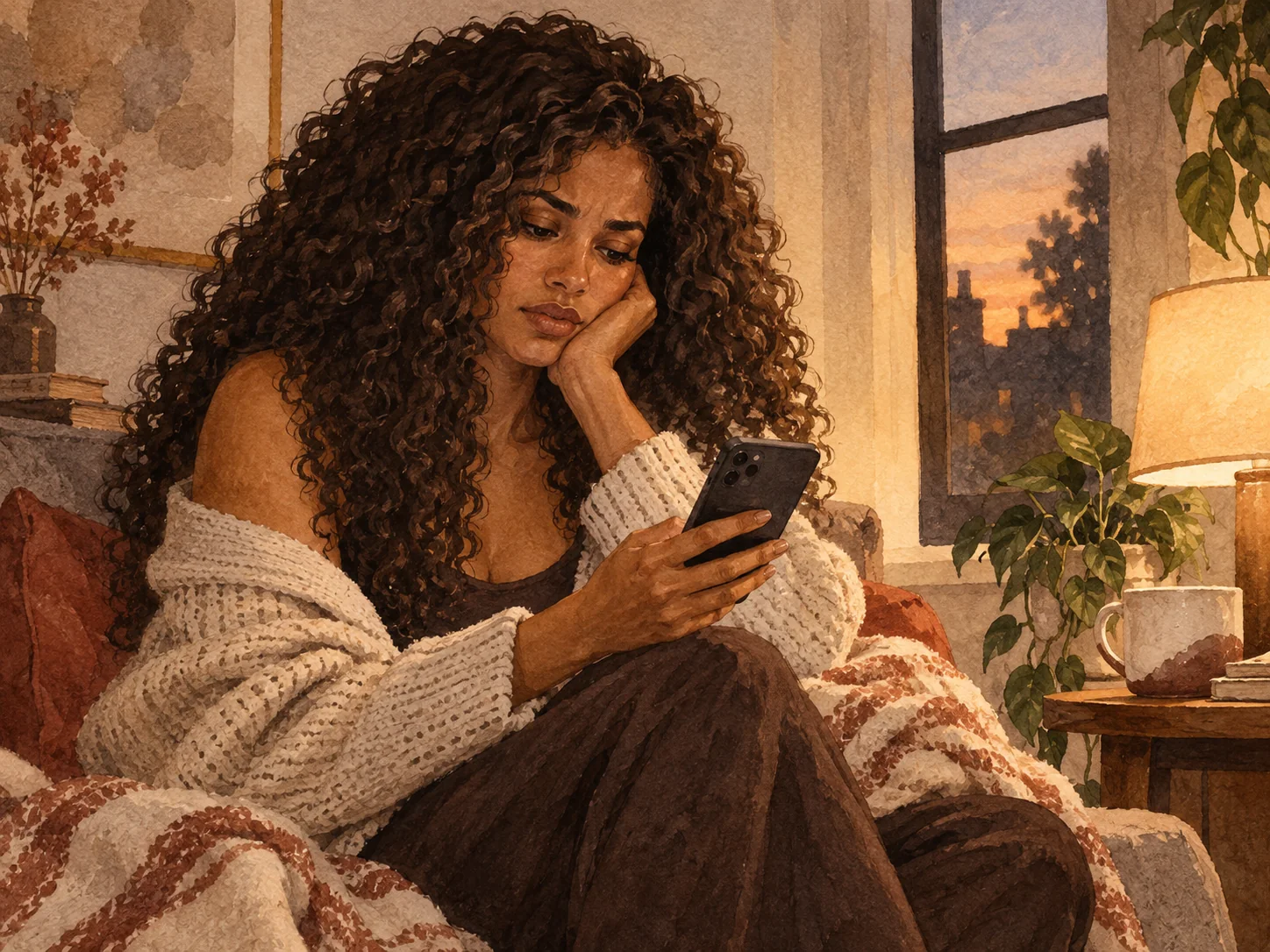 A curly-haired woman quietly rereading a message in warm evening light