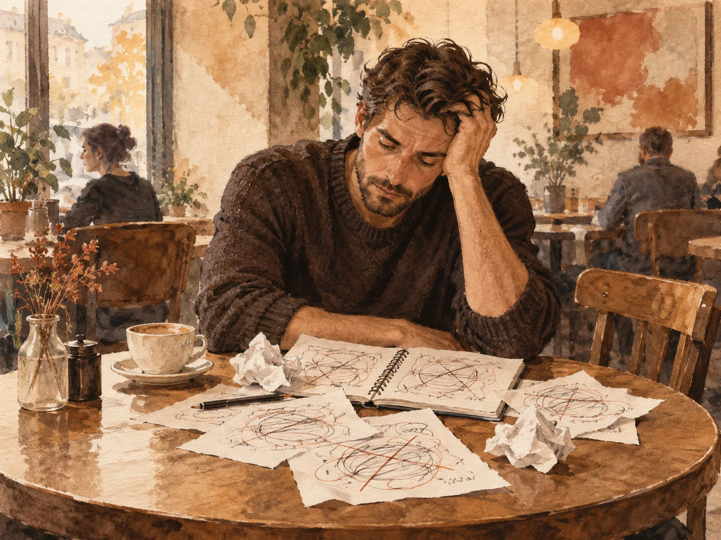 A thoughtful man at a café table surrounded by crossed-out notes