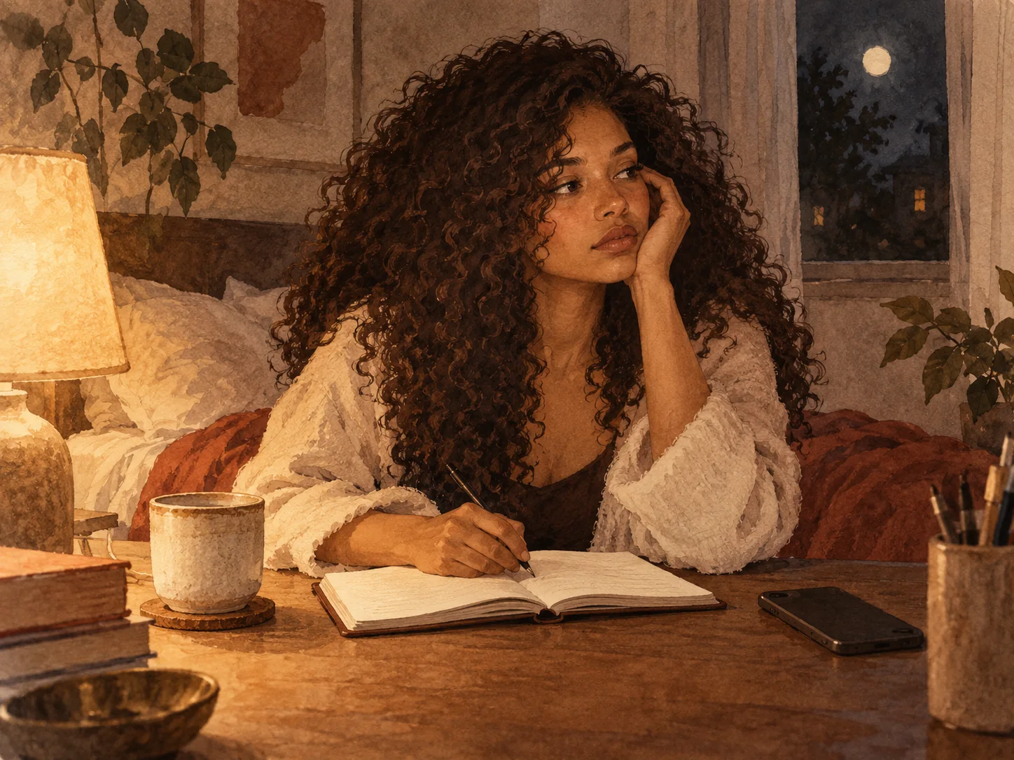 A curly-haired woman journaling late at night with her phone face-down