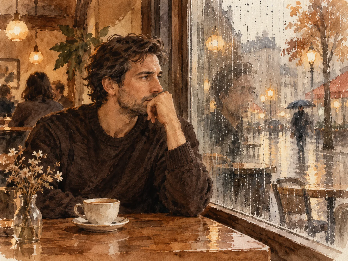 A reflective man looking through a rain-streaked café window