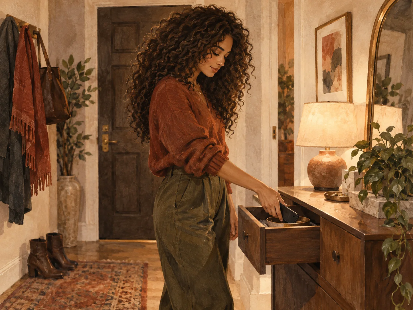 A curly-haired woman deliberately putting her phone away in a warm entryway