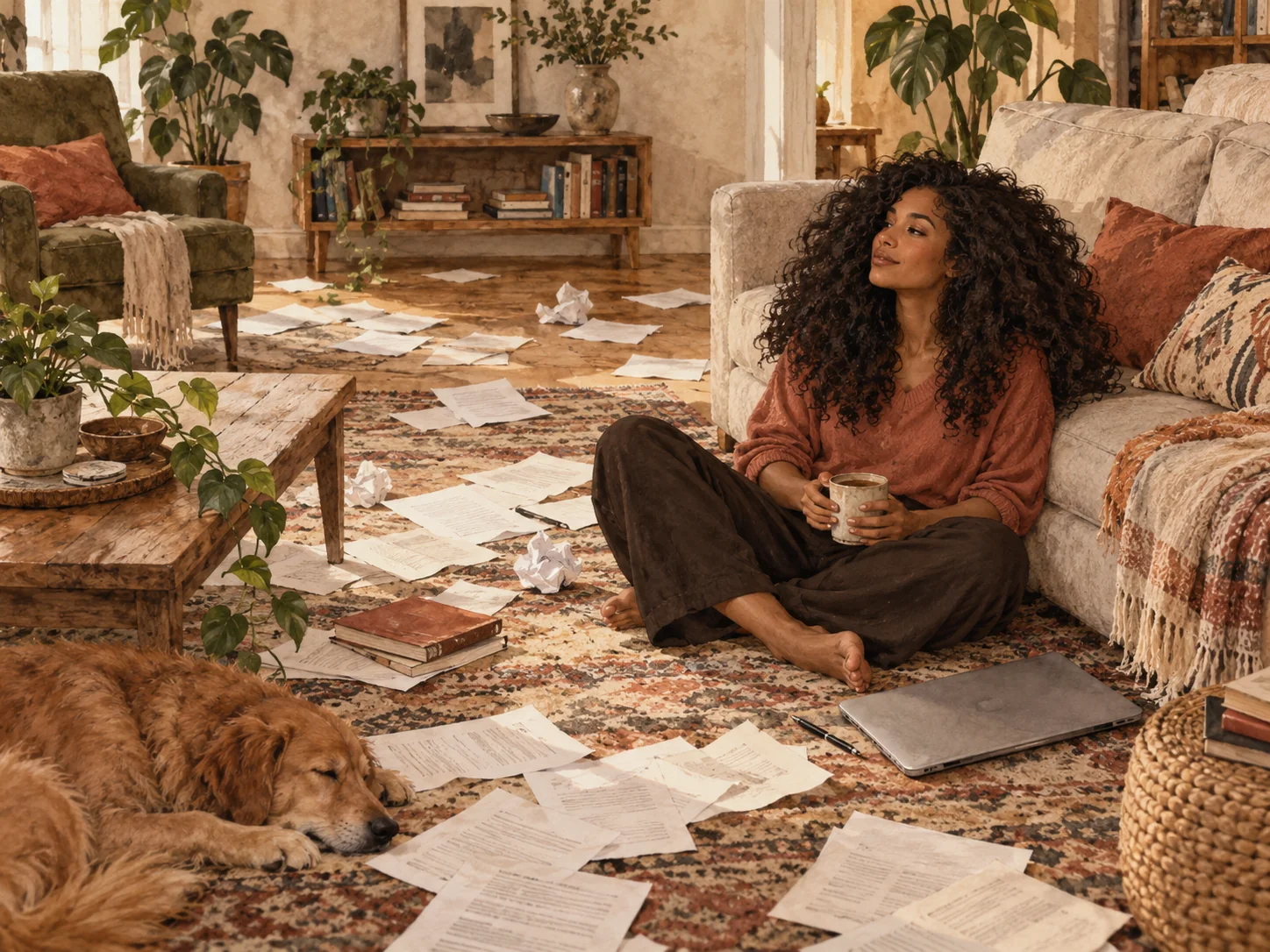 A curly-haired woman sitting calmly after an earlier period of overwhelm