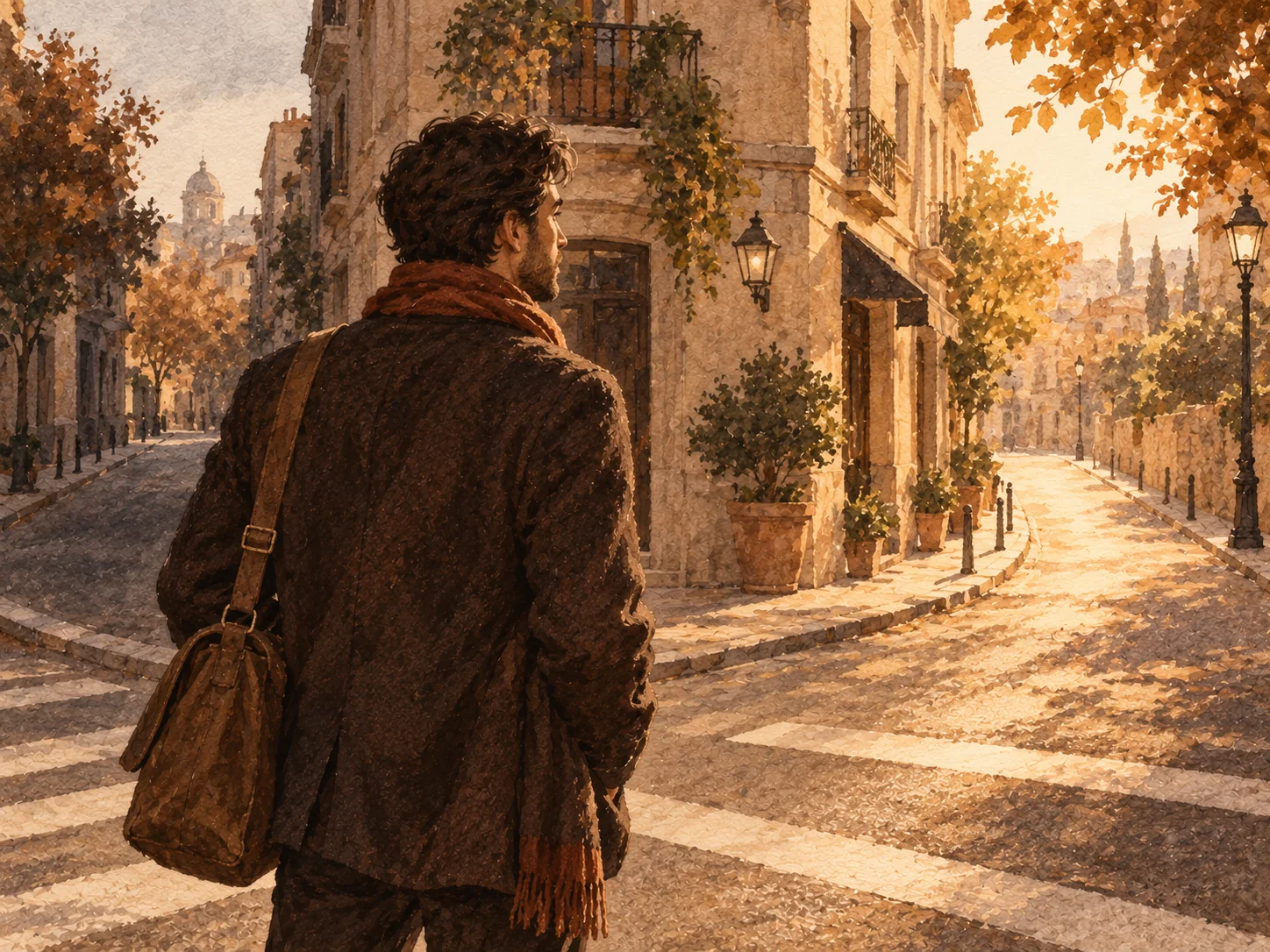 A man choosing a direction at a quiet city crossroads
