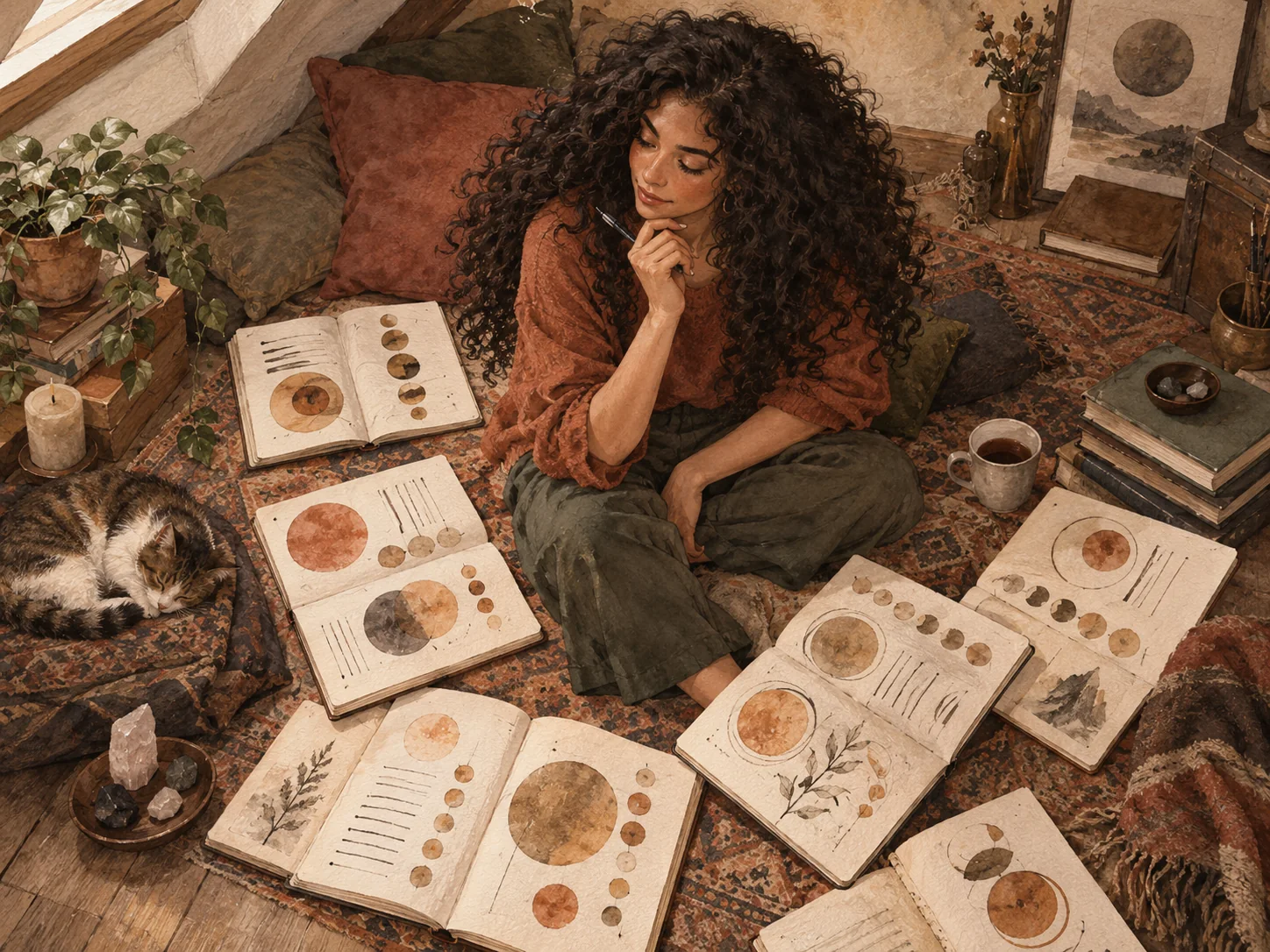 A curly-haired woman recognizing repeating patterns across open journal pages