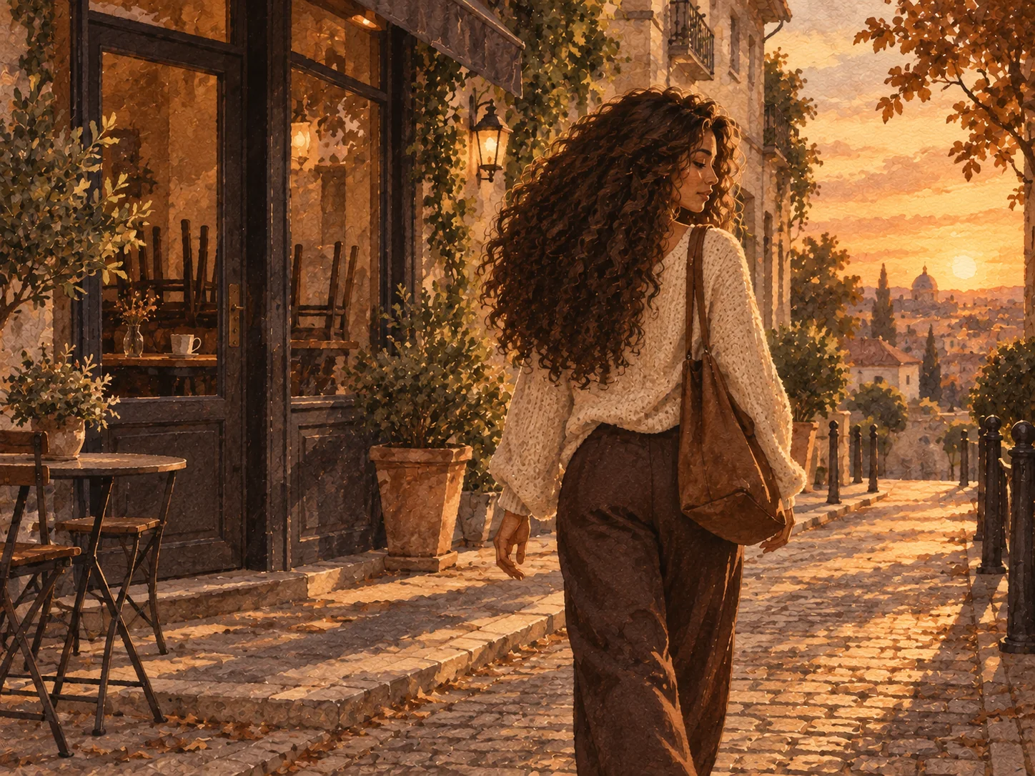 A curly-haired woman walking away from a closed café in soft sunset light