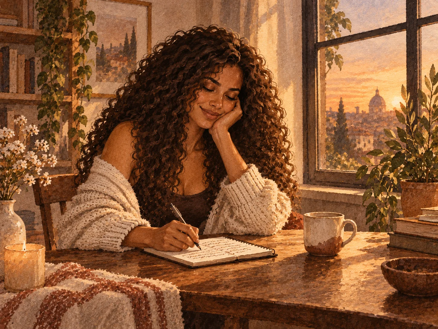 A curly-haired woman quietly writing after reaching a decision by a window