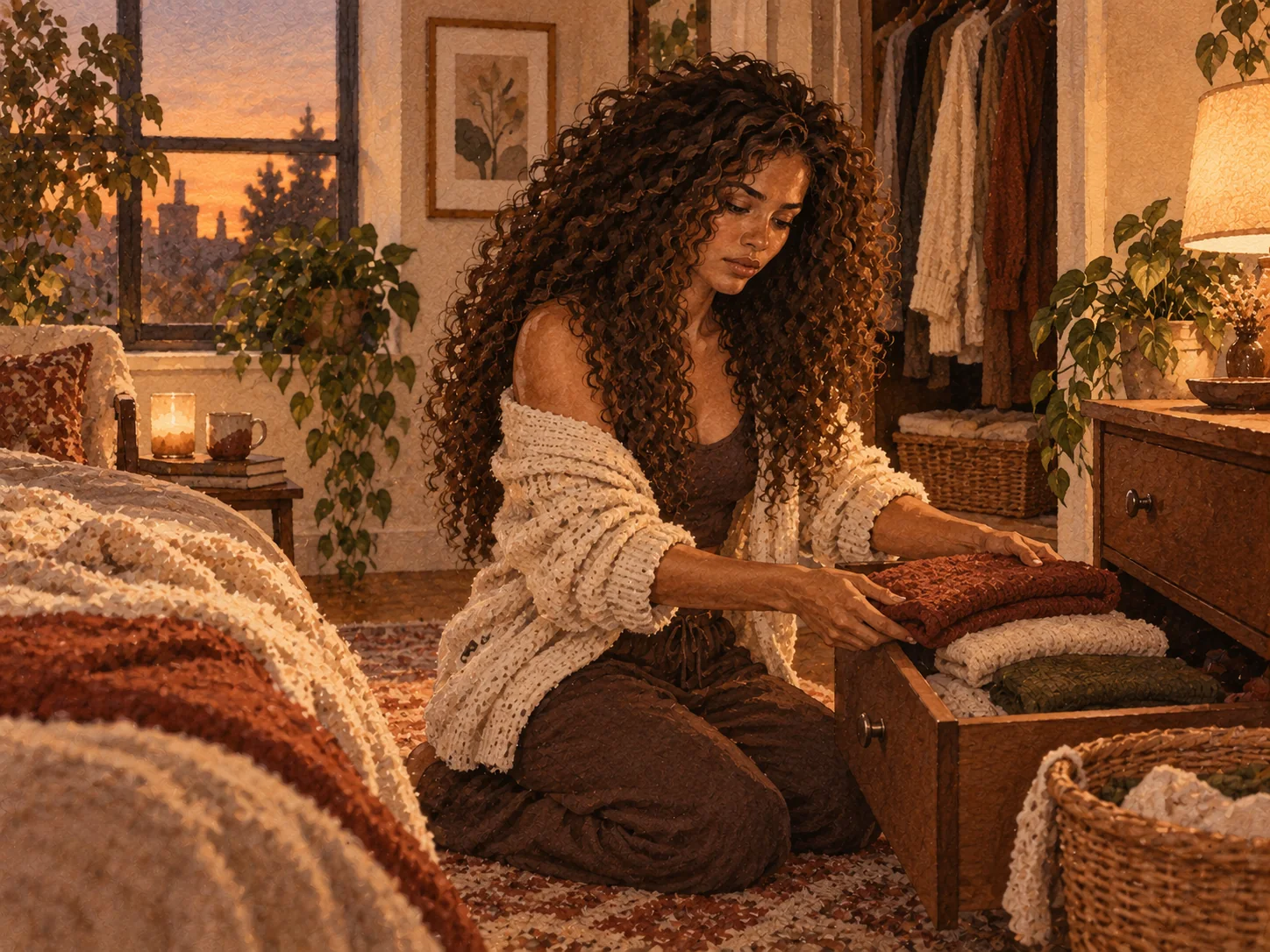 A curly-haired woman calmly putting folded clothes away at home
